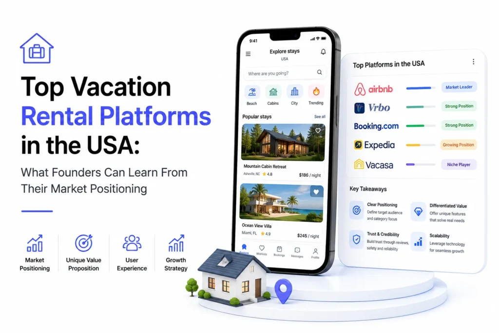 Top vacation rental platforms in the USA comparing Airbnb, Vrbo, Booking.com, Expedia, and Vacasa market positioning