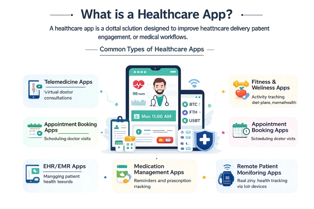 Healthcare app overview showing telemedicine, appointment booking, EHR EMR, medication management, fitness wellness, and remote patient monitoring apps
