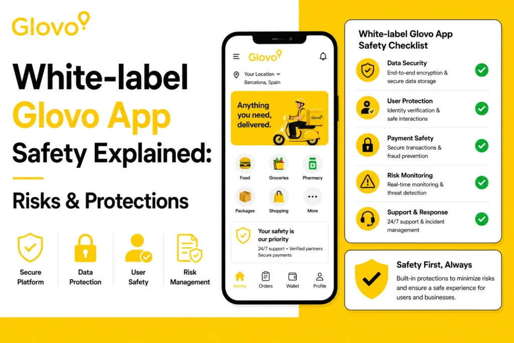 White-label Glovo app safety infographic showing data security, user protection, payment safety, risk monitoring, and support systems
