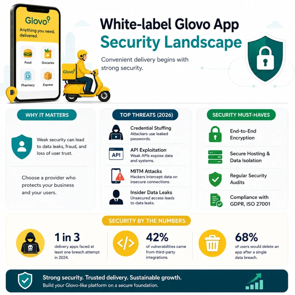 White-label Glovo App Safety Explained: Risks & Protections 1 White-label Glovo app security landscape infographic showing delivery app threats, security requirements, encryption, compliance, and data protection measures