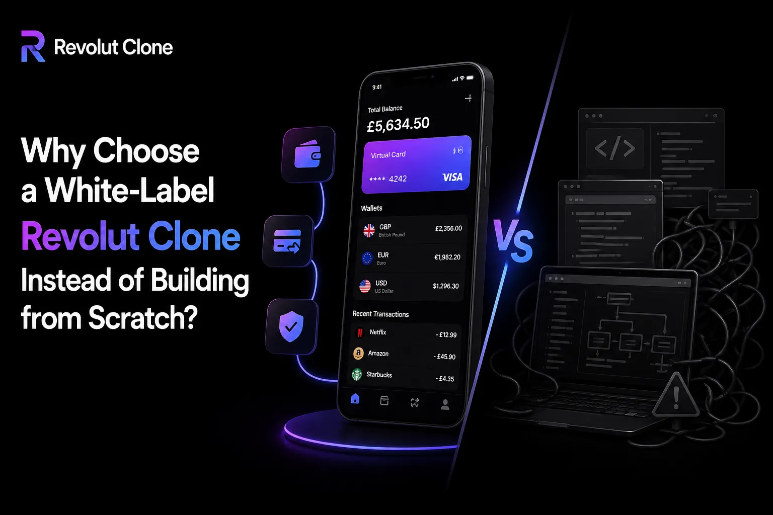 White-label Revolut clone comparison visual showing fintech wallet app, multi-currency accounts, virtual card, secure payments, ready-made clone solution, and complex build-from-scratch development.