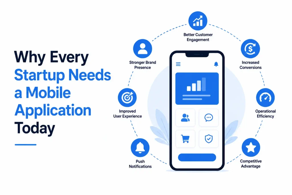 Infographic explaining why startups need a mobile application, highlighting customer engagement, conversions, branding, efficiency, and competitive advantage.