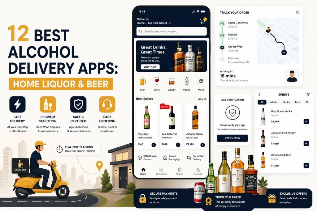 Modern alcohol delivery app interface showing liquor ordering, age verification, live order tracking, and doorstep beer and wine delivery