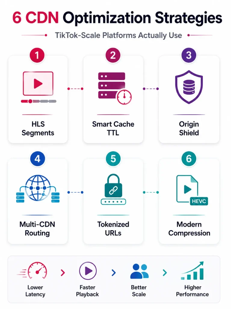 Infographic showing six advanced CDN optimization techniques used by TikTok-scale short video platforms for faster playback and lower latency