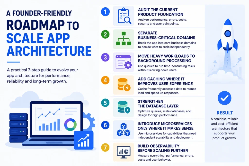 Scaling Beyond Clone: When and How to Transition to Custom Architecture 1 Short infographic showing a 7-step roadmap for scaling app architecture, including audits, caching, background processing, microservices, and observability.