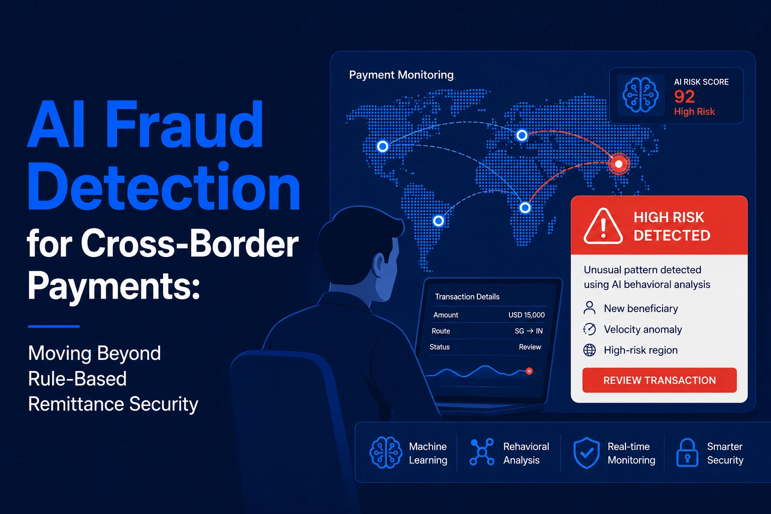 Dark-themed AI fraud detection dashboard monitoring suspicious cross-border payments with transaction risk alerts, behavioral analysis, and real-time monitoring tools.