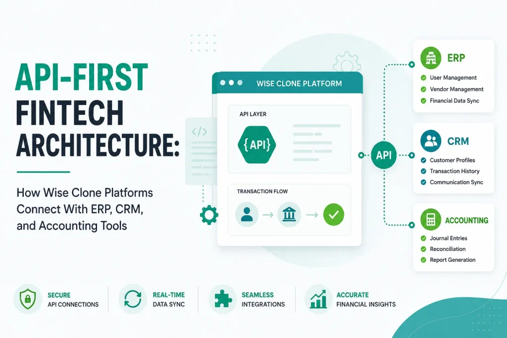 API-first fintech architecture infographic showing how a Wise clone platform integrates with ERP, CRM, and accounting systems through secure real-time APIs.
