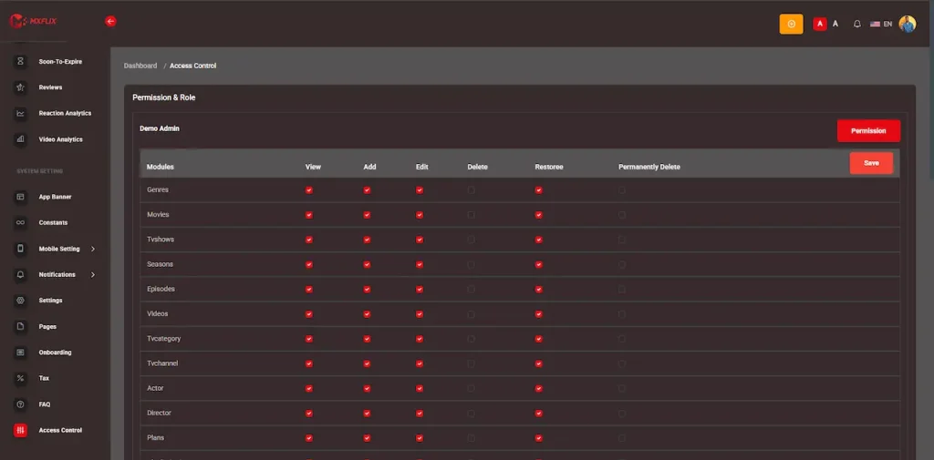 White Label Video Streaming Platform 34 Administrator permission matrix for viewing, adding, editing, deleting, restoring, and permanently deleting content modules by role