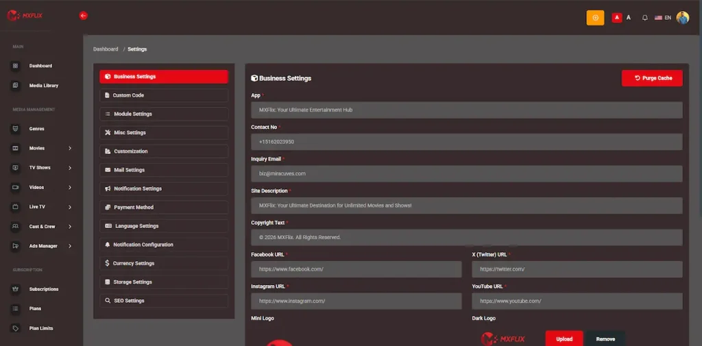 White Label Video Streaming Platform 32 Administrator business settings for app identity, contact information, site description, copyright, social links, and cache management