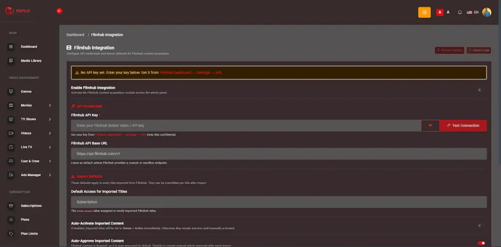 White Label Video Streaming Platform 37 Administrator Filmhub integration settings for API credentials, connection testing, content imports, and external catalog configuration