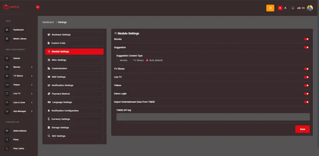 White Label Video Streaming Platform 36 Administrator module controls for movies, suggestions, TV shows, live TV, videos, demo login, metadata imports, and API settings