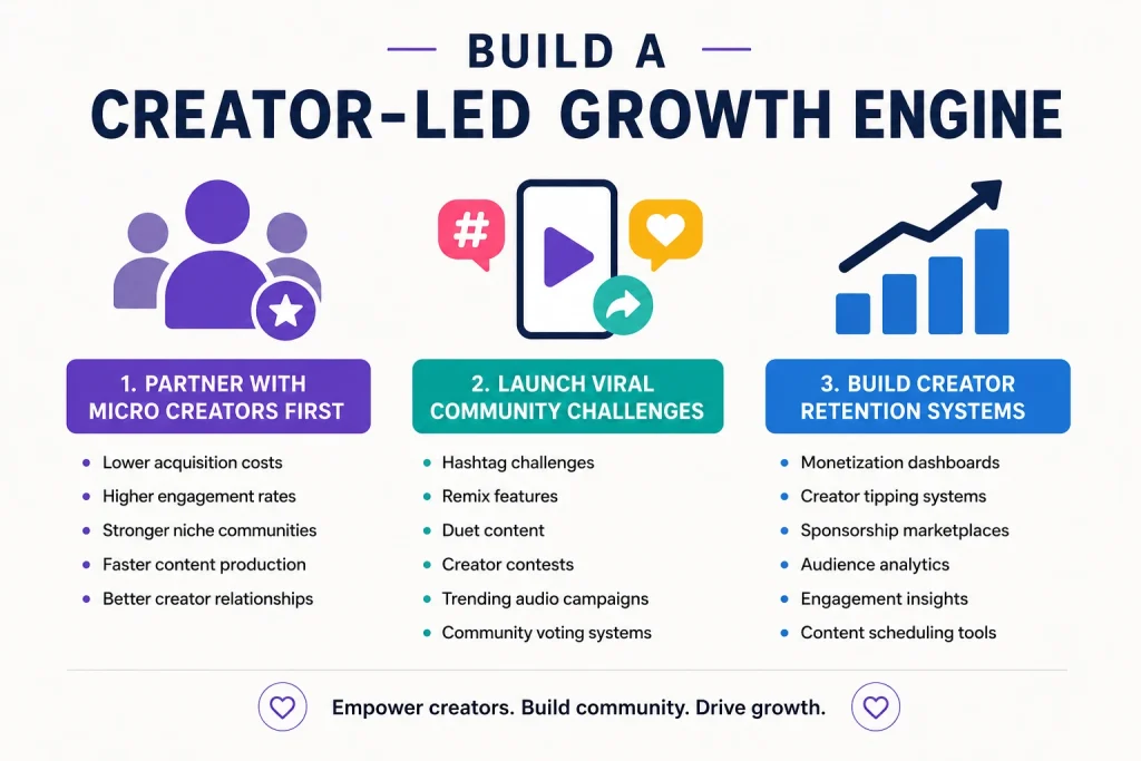 Illustration showing creator-led growth strategies for short-video platforms including micro creators, viral challenges, and creator retention systems User Acquisition Strategies