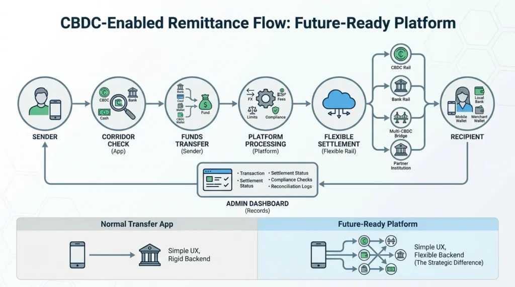 CBDC-enabled remittance flow showing sender verification, fund transfer, FX processing, compliance checks, flexible settlement rails, recipient payout, and admin monitoring.