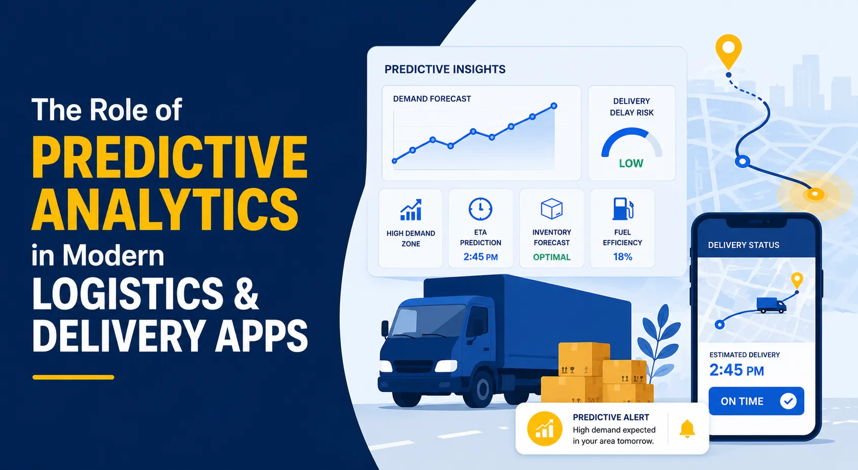 Predictive analytics in logistics and delivery apps with demand forecast delivery risk ETA prediction inventory forecast and route tracking
