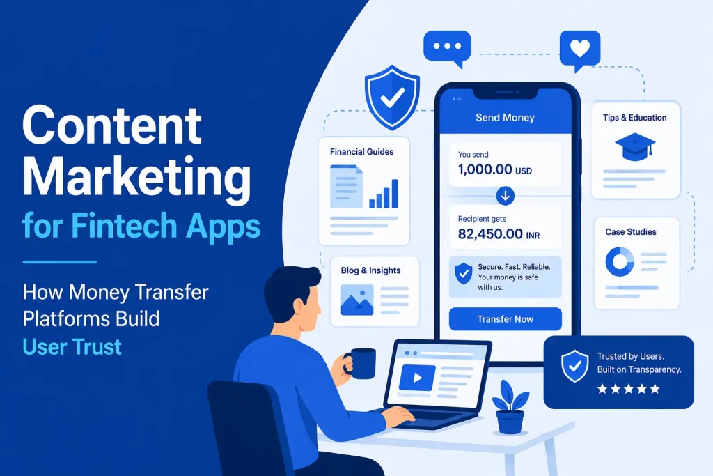 Fintech content marketing infographic showing remittance app trust building, financial education content, money transfer transparency, blogs, guides, and user engagement