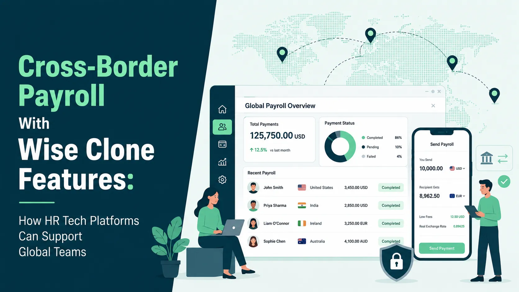 Cross-border payroll with Wise clone features showing global payroll dashboard, international employee payments, currency conversion, payment status, secure transfers, and HR tech support for global teams