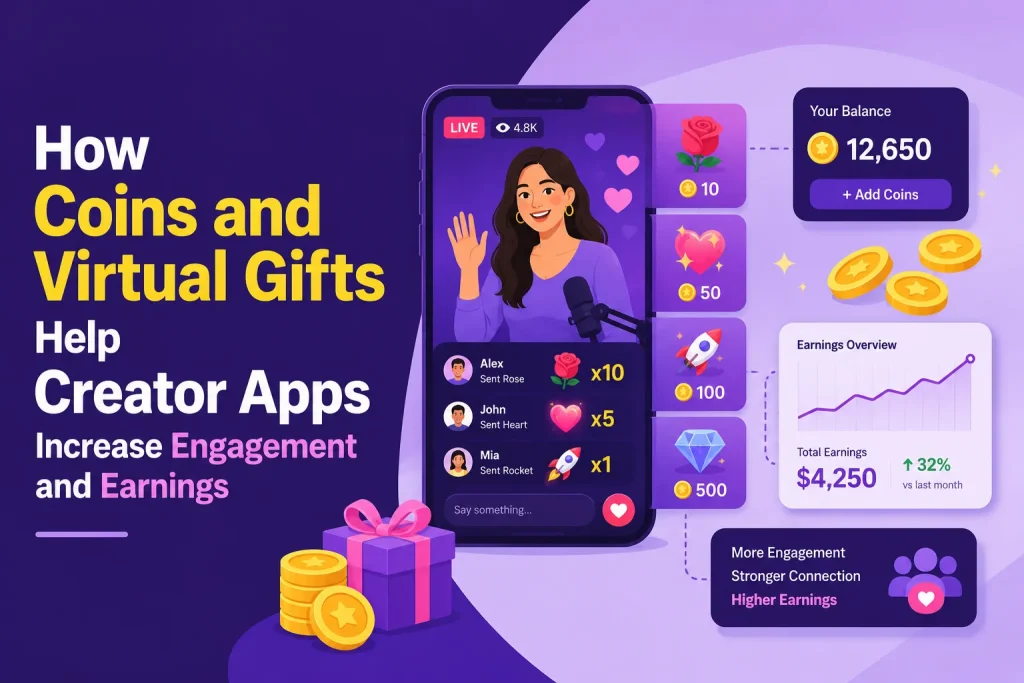 Virtual gifting creator app interface showing coins, gifts, creator earnings dashboard, and livestream engagement system
