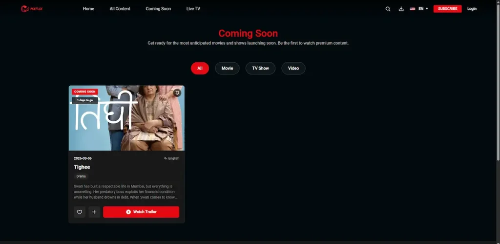 White Label Video Streaming Platform 40 Desktop coming-soon page with movie, TV show, and video filters plus release artwork, date, language, genre, and synopsis