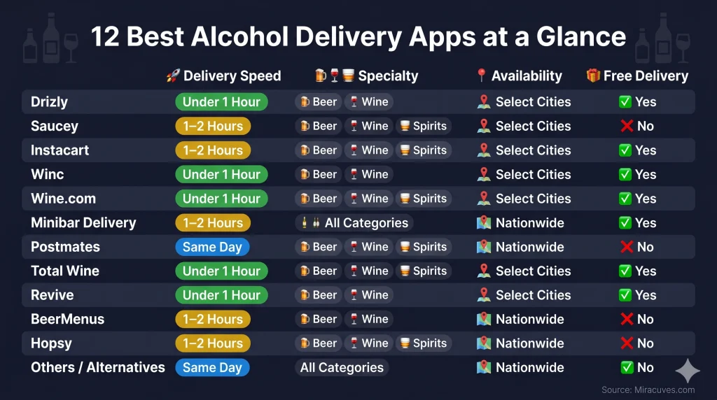 Comparison chart of the best alcohol delivery apps showing delivery speed, beverage specialties, availability, and free delivery options