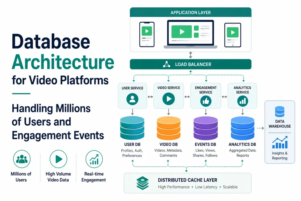 Infographic illustrating scalable database architecture for modern video platforms handling millions of users, real-time engagement events, and distributed backend services.