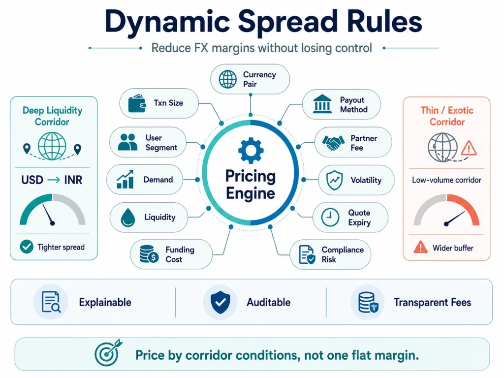How High-Volume Remittance Platforms Reduce FX Margins With Liquidity and Nostro Optimization 1 Fintech infographic showing a dynamic FX pricing engine that adjusts foreign exchange spreads based on liquidity, volatility, demand, corridor type, and transaction conditions.