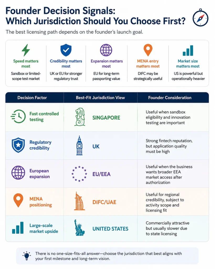 Global Remittance Licensing: Which Jurisdictions Offer the Fastest Path to Launch for Wise-Like Platforms? 2 Infographic comparing the best remittance licensing jurisdictions for fintech founders launching Wise-like platforms based on speed, credibility, expansion, MENA entry, and market size goals.