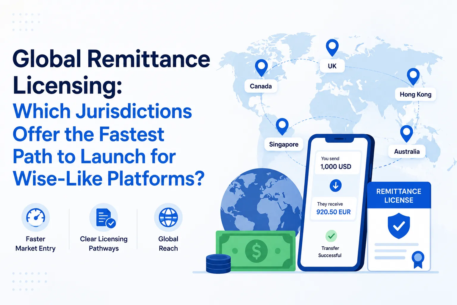 Global remittance licensing guide showing fastest jurisdictions for Wise-like money transfer platforms including Canada UK Hong Kong Singapore and Australia