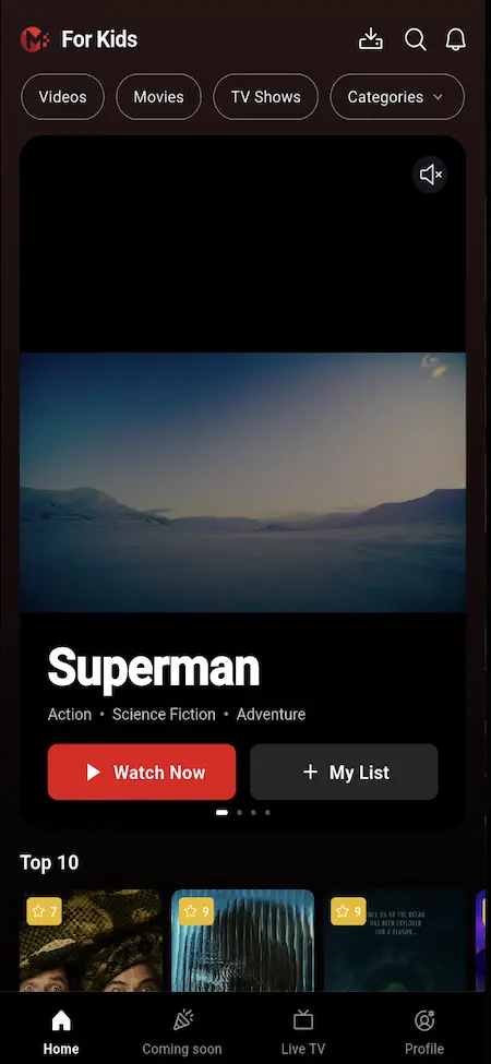 White Label Video Streaming Platform 23 Mobile home banner with featured video, pay-per-view rentals, content categories, search, alerts, and download navigation