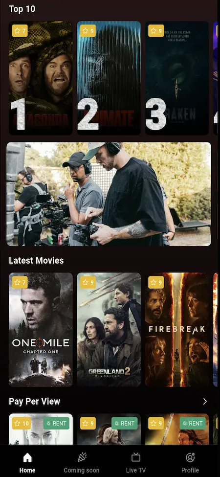 White Label Video Streaming Platform 24 Mobile streaming home screen with top-ten titles, latest movies, coming-soon filters, and personalized content rows