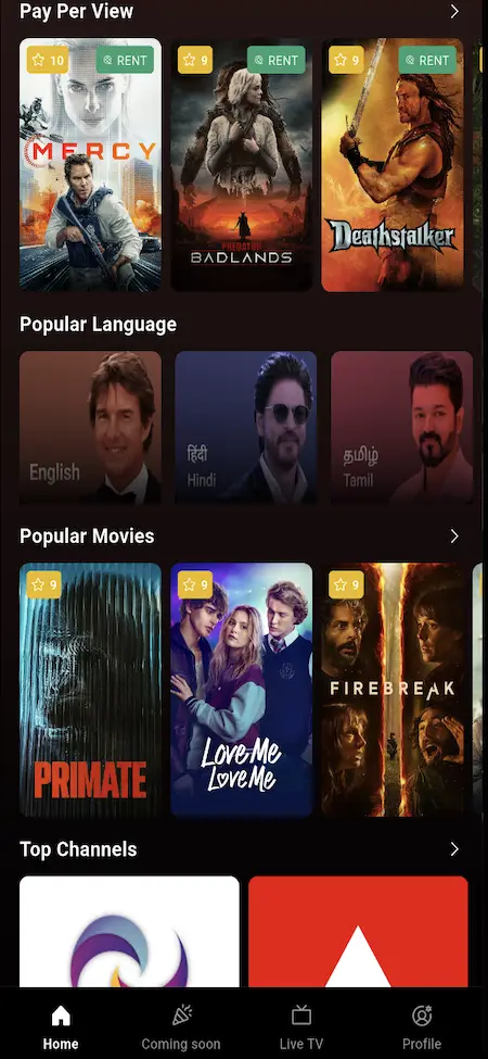 White Label Video Streaming Platform 21 Mobile catalog with pay-per-view titles, popular-language filters, movie recommendations, ratings, and browsing rows