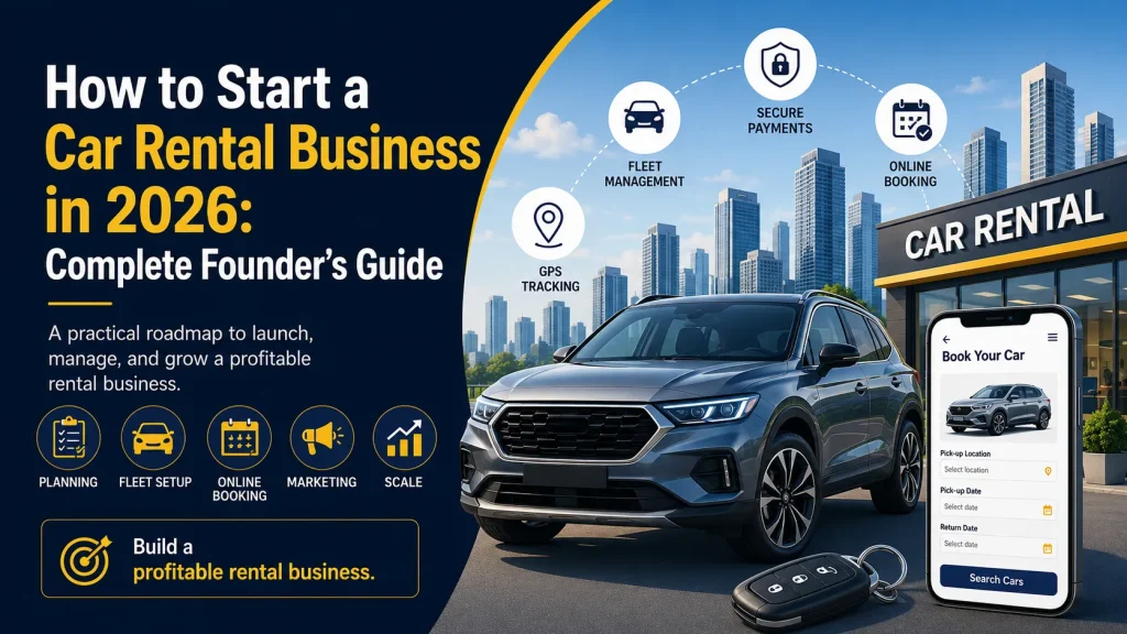 Car rental business guide showing fleet management, GPS tracking, secure payments, online booking, mobile rental app, and rental business growth planning.