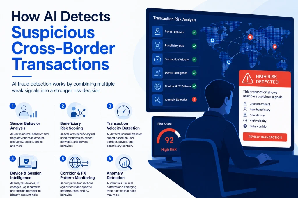 AI Fraud Detection for Cross-Border Payments: Moving Beyond Rule-Based Remittance Security 1 AI-powered fraud detection dashboard analyzing suspicious cross-border payment transactions using behavioral analysis, transaction velocity, device intelligence, and anomaly detection.