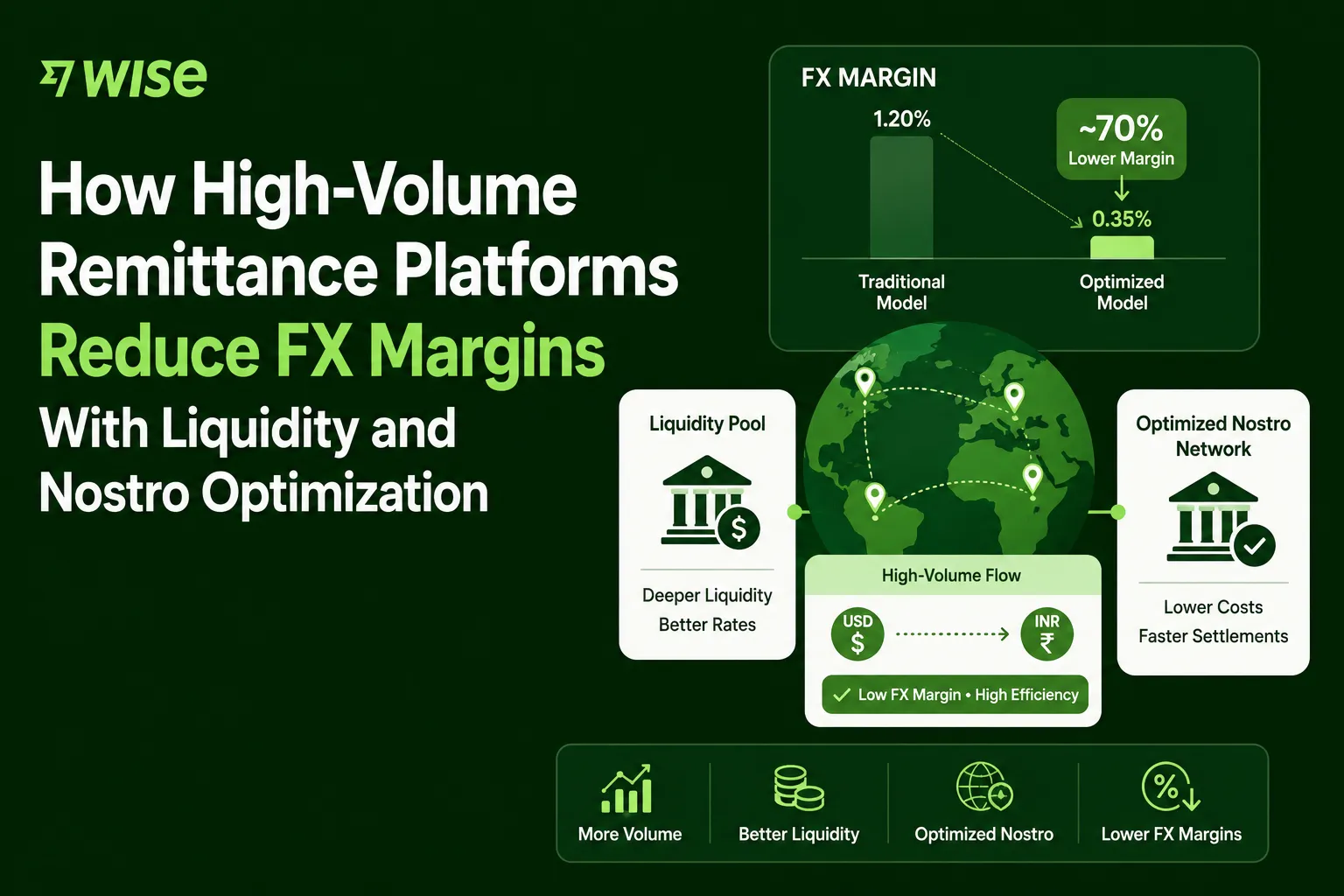 High-volume remittance platform reducing FX margins with liquidity pool and nostro network optimization