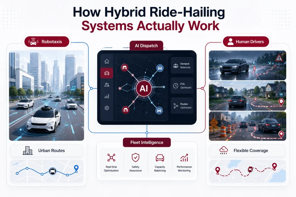 Hybrid ride-hailing system infographic showing AI dispatch connecting robotaxis and human drivers through fleet intelligence