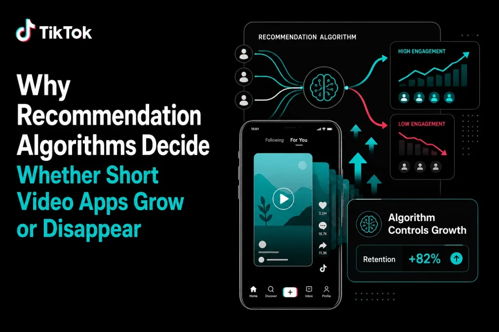 TikTok recommendation algorithm infographic showing user engagement signals, AI analysis, personalized feed generation, and viral content growth workflow