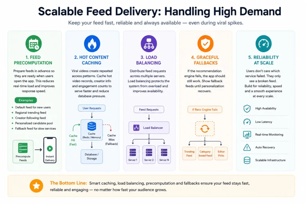 how short-video platforms handle high feed demand using feed precomputation, hot content caching, load balancing, graceful fallback feeds, and scalable reliability measures.