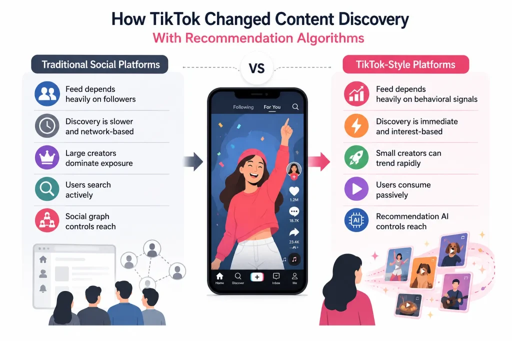 Comparison infographic showing how TikTok recommendation algorithms transformed content discovery compared to traditional social media platforms