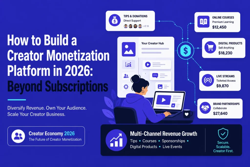 Creator monetization platform illustration showing digital products, online courses, live streams, brand partnerships, and multi-channel creator revenue growth