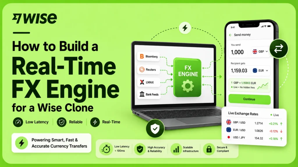 Wise clone real-time FX engine illustration showing low-latency exchange rate feeds, live currency conversion, and fast fintech infrastructure.