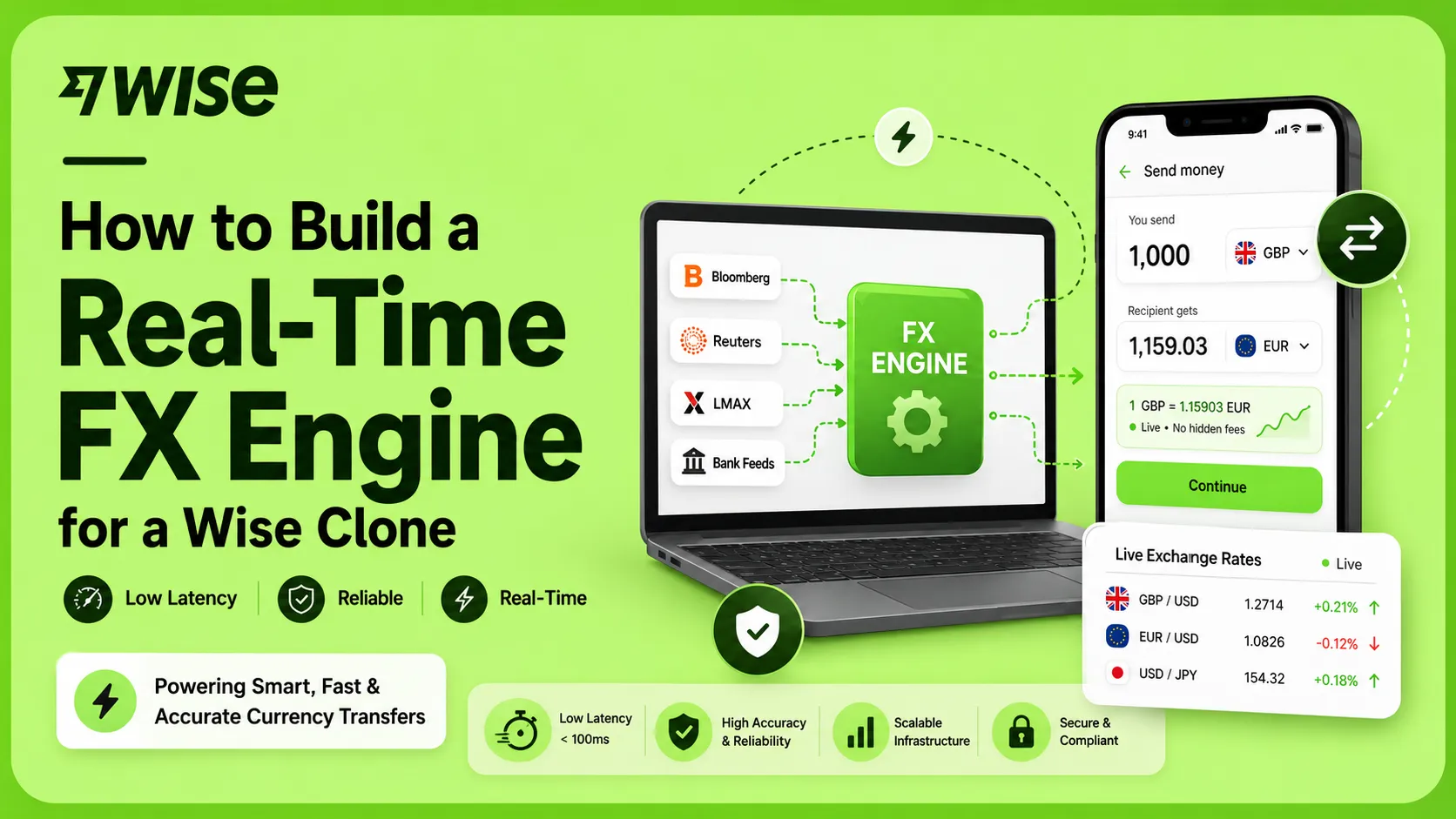 Wise clone real-time FX engine illustration showing low-latency exchange rate feeds, live currency conversion, and fast fintech infrastructure.