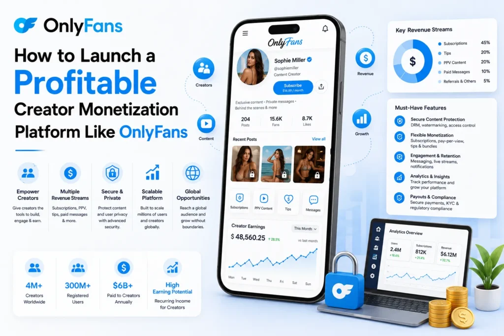 How to Launch a Profitable Creator Monetization Platform Like OnlyFans,โ showing a creator subscription app, multiple revenue streams, secure content protection, creator earnings, analytics, scalable platform growth, and global monetization opportunities.