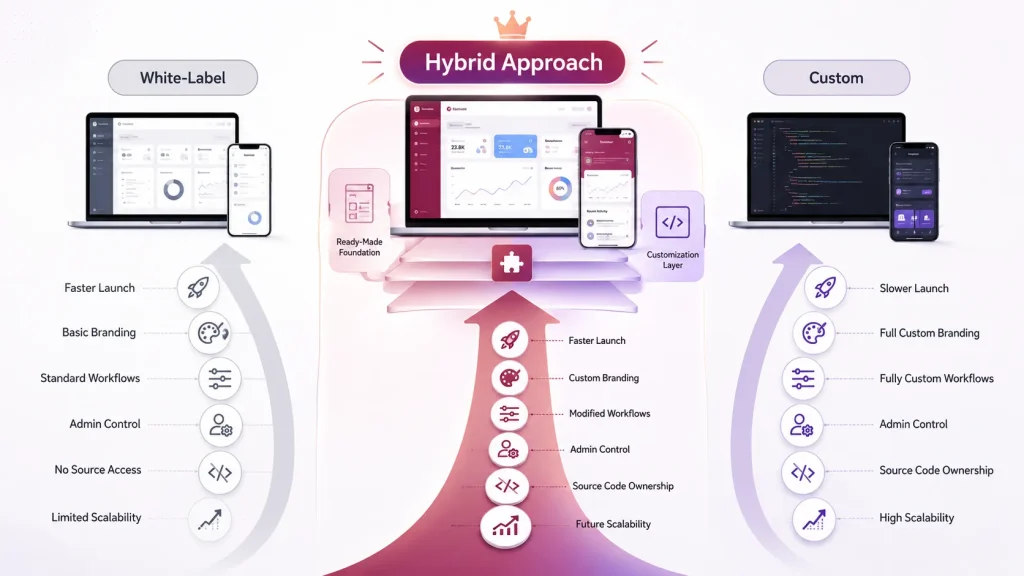 Infographic comparing white-label, hybrid, and fully custom software development approaches for scalable SaaS and app platforms.