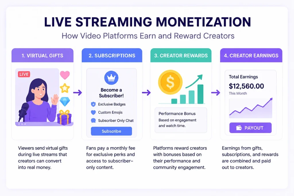 Infographic showing how live streaming platforms monetize through virtual gifts, subscriptions, creator rewards, and creator earnings.