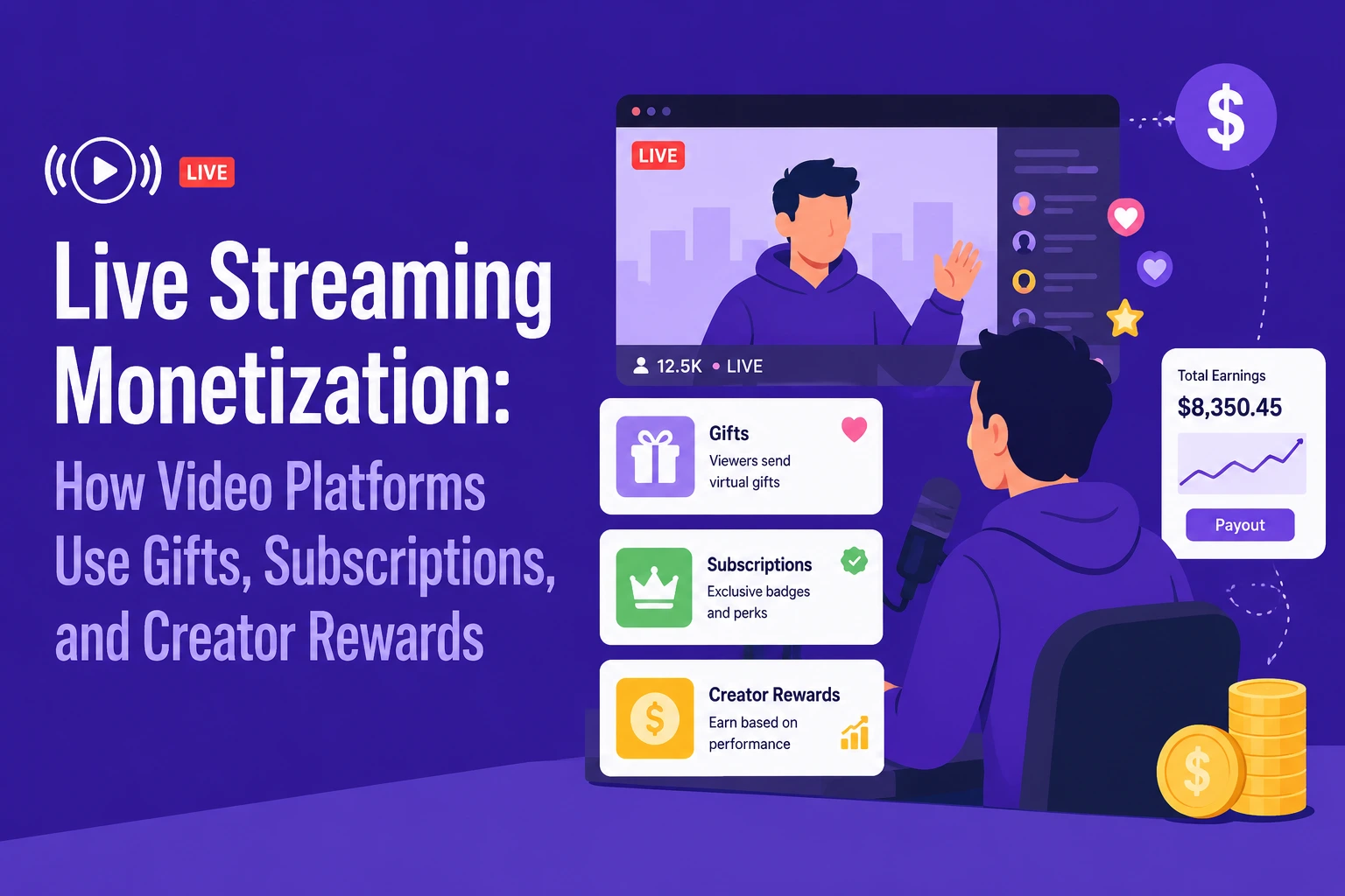 Flat vector illustration of a Live Streaming Monetization for Video Platforms with monetization UI showing gifts, subscriptions, creator rewards, and earnings dashboard.