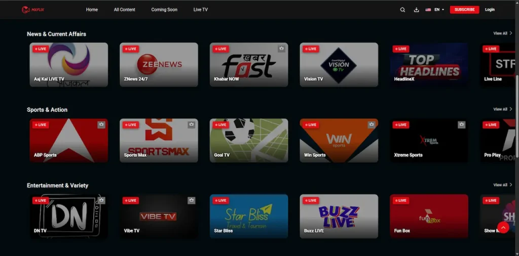 White Label Video Streaming Platform 39 Desktop live-TV catalog with news, current-affairs, sports, and action channels organized into browsable rows