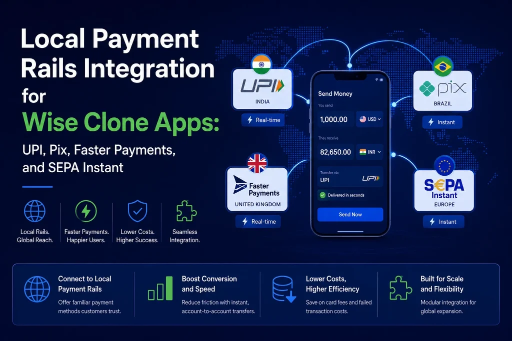Fintech illustration showing local payment rails integration for Wise clone apps with UPI, Pix, Faster Payments, and SEPA Instant connected through a global money transfer platform.