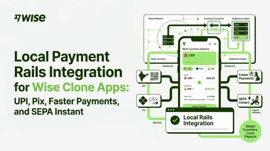 Local payment rails integration for Wise clone apps showing UPI, Pix, Faster Payments, SEPA Instant, multi-currency wallets, settlement, and global payouts.