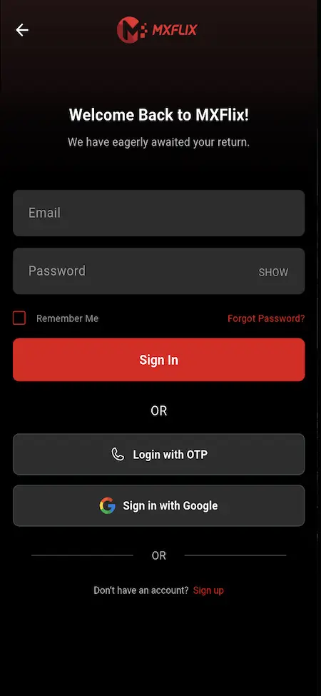 White Label Video Streaming Platform 16 Mobile streaming login with email, password, remembered access, password recovery, sign-in, and one-time-password authentication