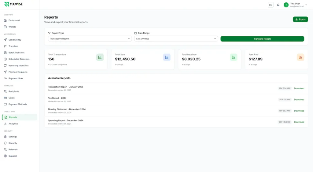 Wise Clone 40 Fintech reporting dashboard showing transaction reports, payment analytics, financial summaries, downloadable statements, date filters, and transaction performance metrics.