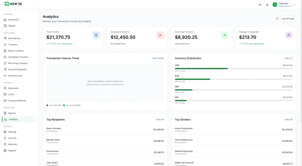 Wise Clone 39 Fintech payment analytics dashboard showing transaction volume, incoming and outgoing transfers, currency distribution, top recipients, top senders, and financial performance metrics.